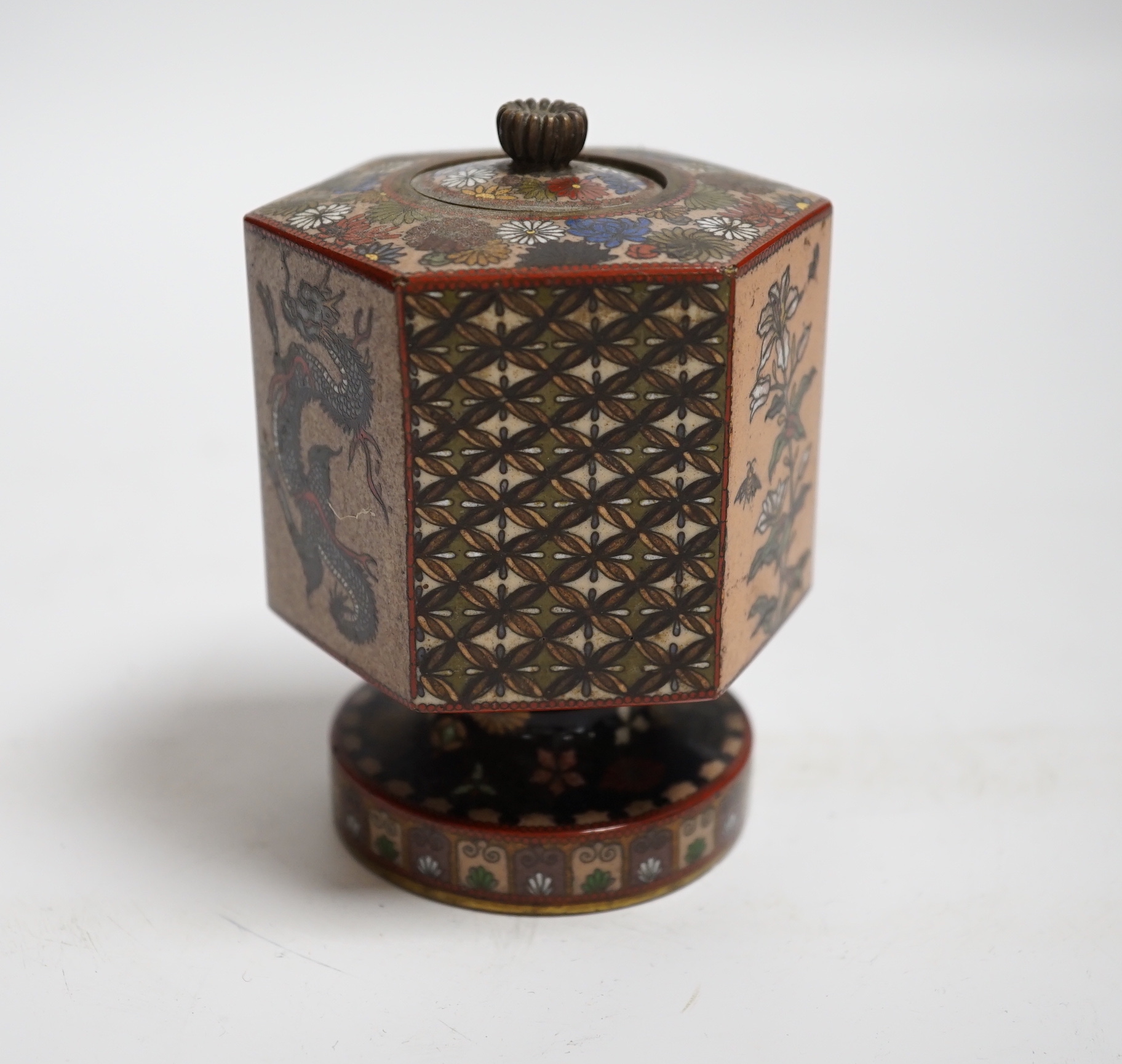 A Japanese hexagonal pedestal cloisonné enamel jar and cover, Meiji period, 10cm high
